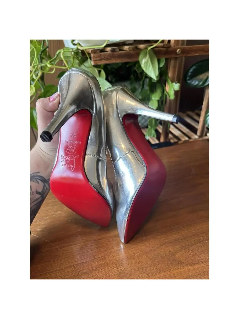 Christian Louboutin Silver Leather Pointed Toe Stiletto Pumps Slip-On US 8.5